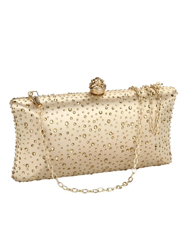 Gold clutch bag with chain strap on a white background